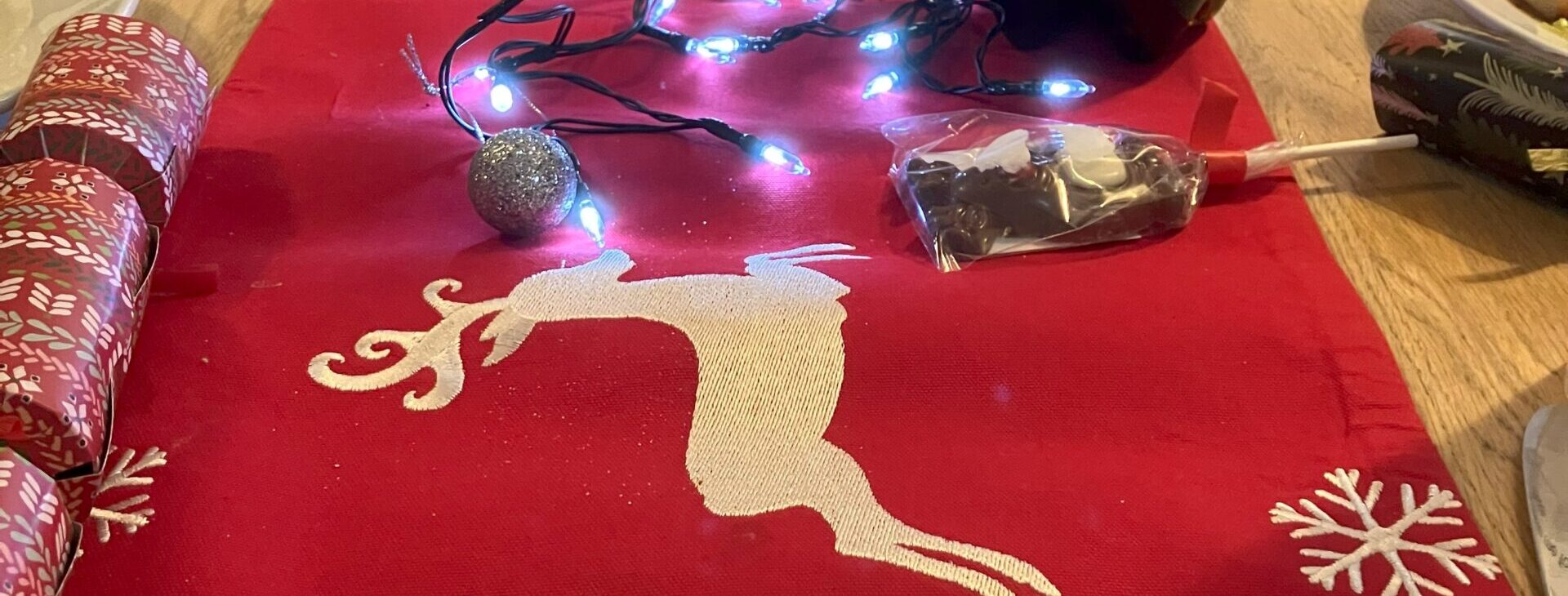 Crossways_Xmas Tables_3 A dining table decorated with Christmas lights and tablecloth. A picture of a penguin in a scarf in the foreground