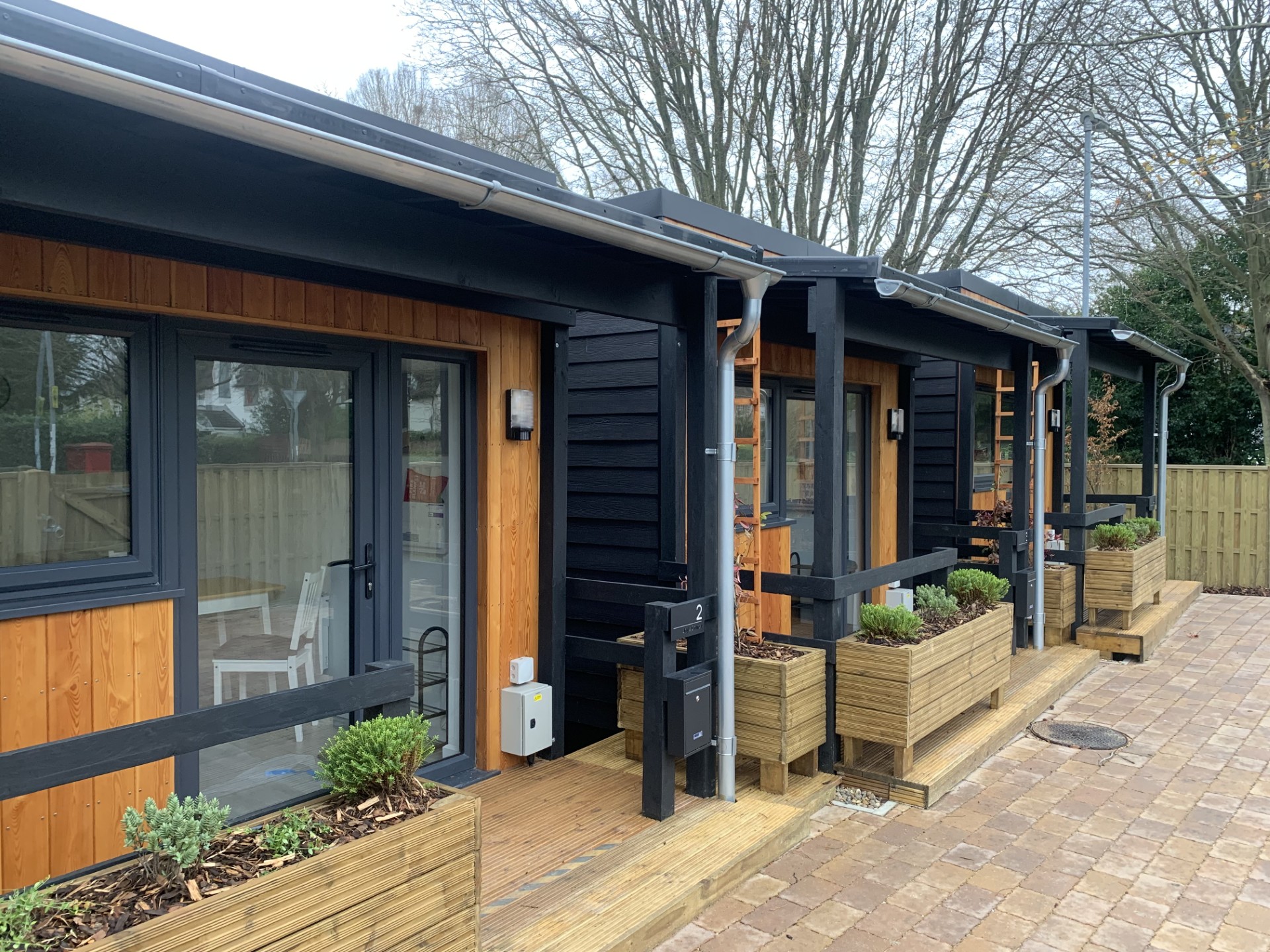 Photo looking from left to right along a row of three modular homes for homeless people. They are clad in wood and each has a planter with shrubs outside the front door