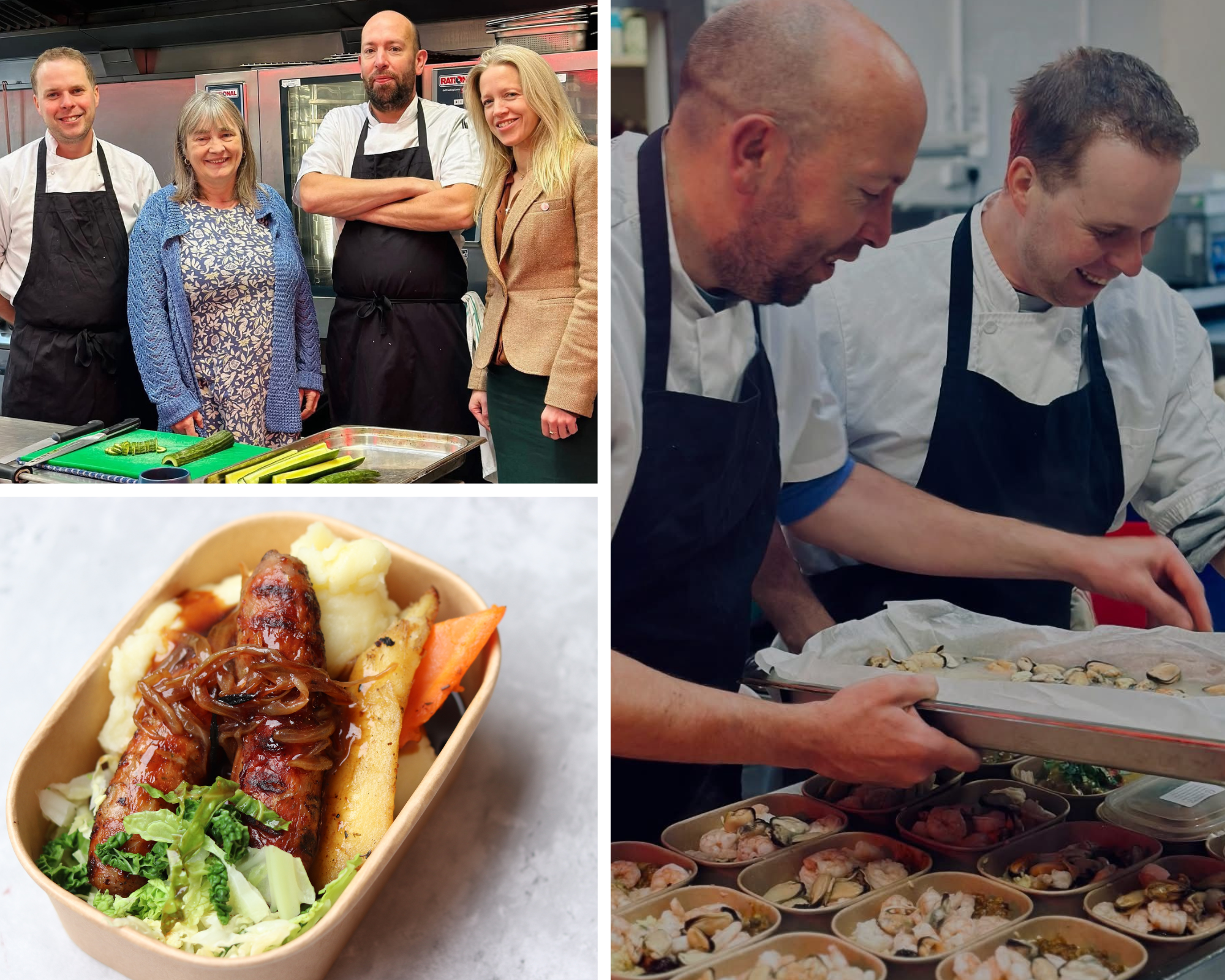 Three photo montage. Top left shows our CEO Elizabeth in a kitchen with two chefs and another member of staff from CDC. Bottom left is photo of 'posh' bangers and mash with mixed veg. Right is photo of two chefs preparing range of meals in recycled containers