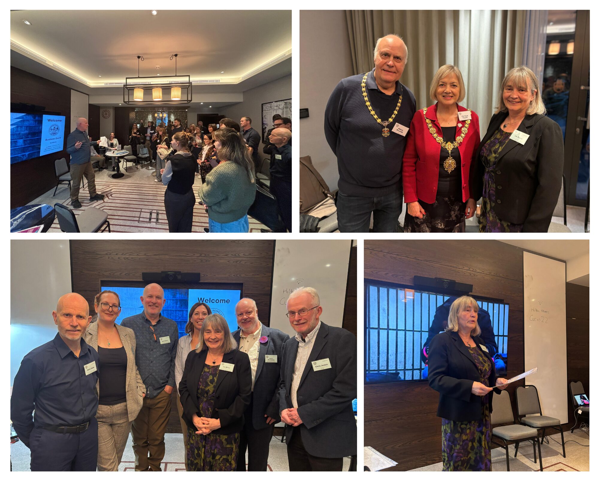 A montage of four photos from the event at Fellows House. The top left shows Matt speaking to the delegates about his lived experience. Top right is Lis and the Mayor of Cambridge. Bottom left is a photo of the ITAC team. Bottom right Lis delivers her speech.