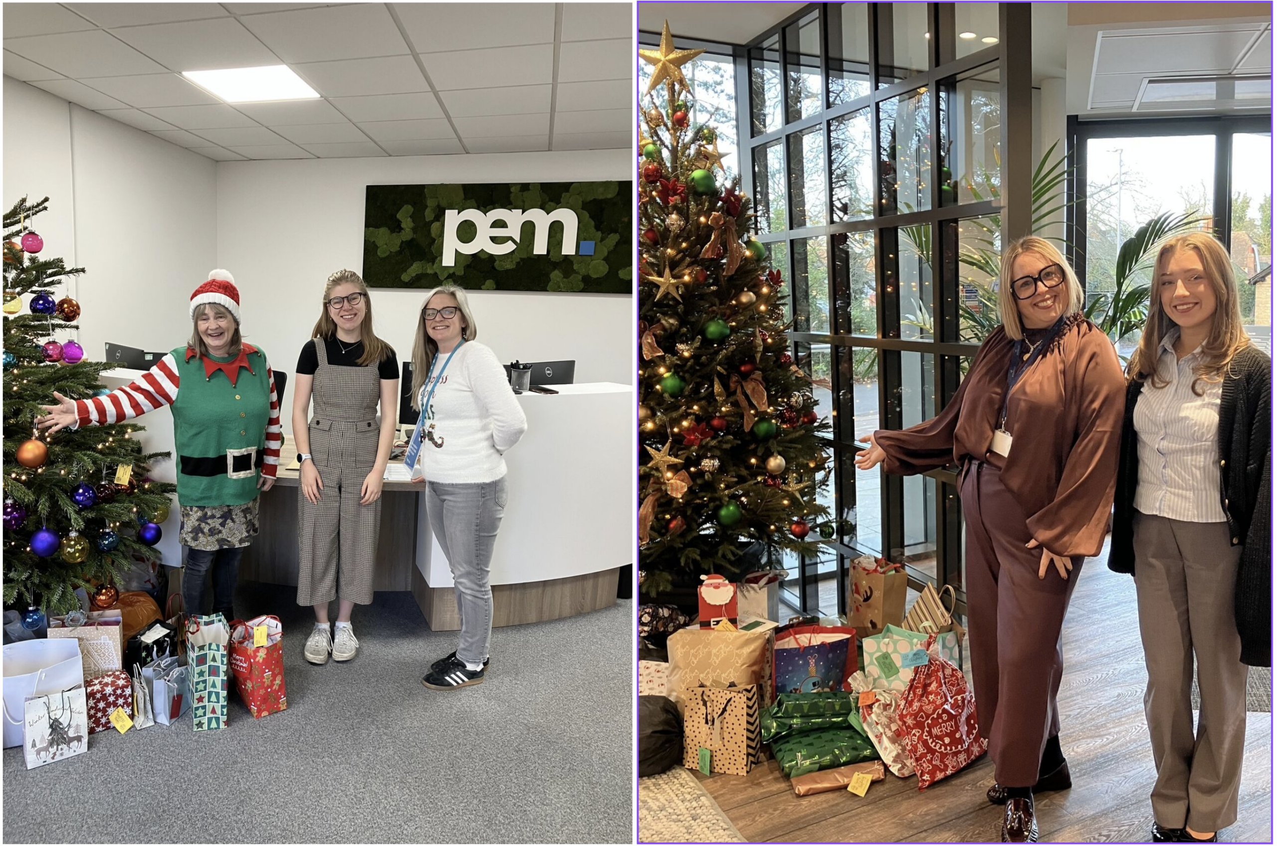 Two photos of Lis collecting giving tree donations. On the left she is standing next to a tree with two members of PEM staff. On the right, two Bidwells staff smile next to their Giving Tree.