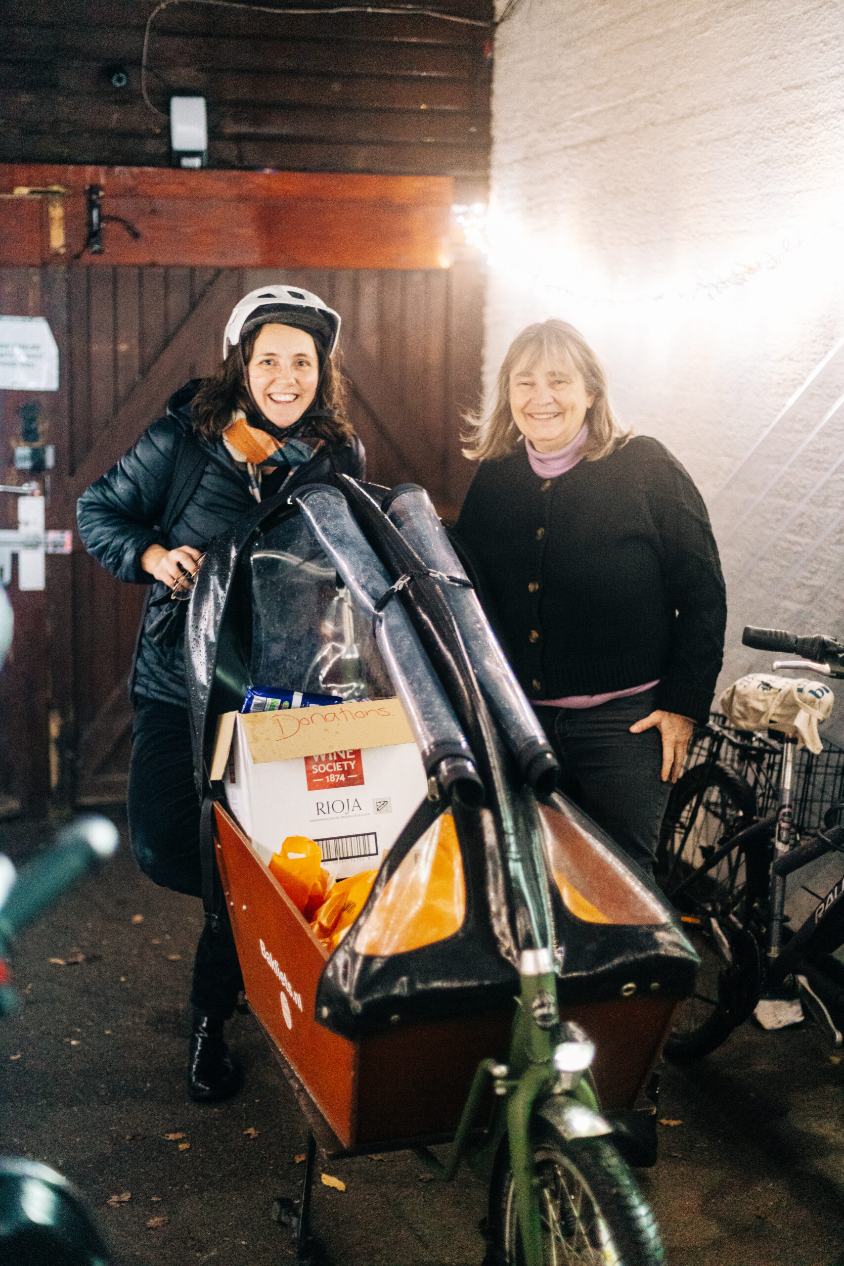 Sophie Pearson delivers a cargo bike load of donations to Crossways. Lis Silver is there to meet her.