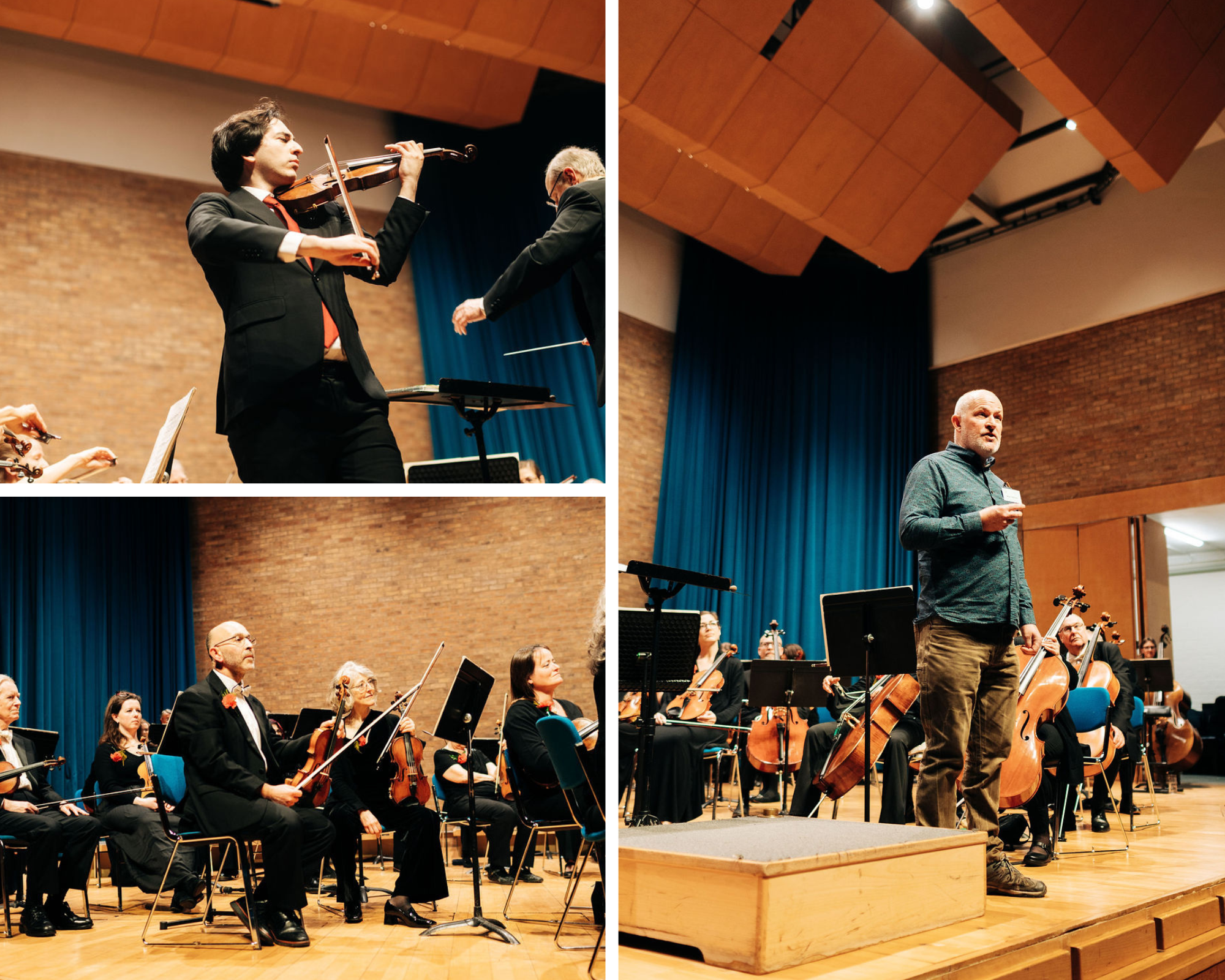 Three photo montage. Top left the solo violinist entrances audience. Bottom left orchestra members listen to Matt addressing audience. Right Matt addresses audience.