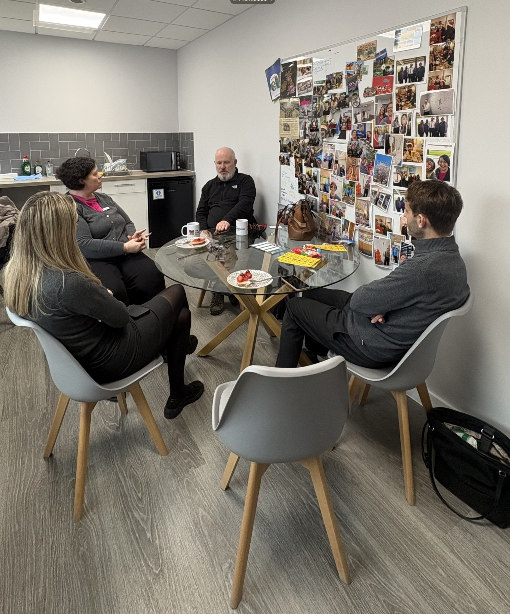 Matt talking-to CBS staff in their kitchen