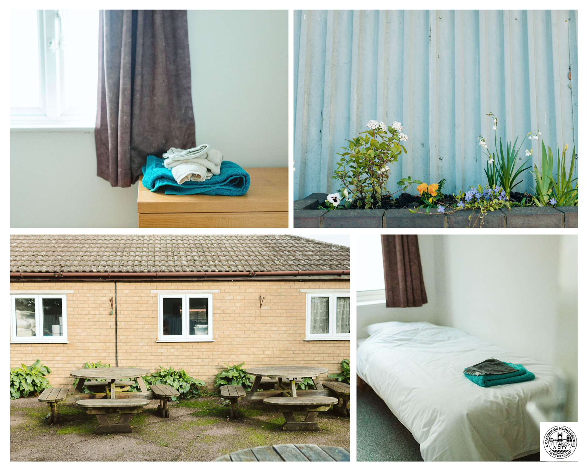 Four photo montage showing two photos of a guest room and two of the communal garden