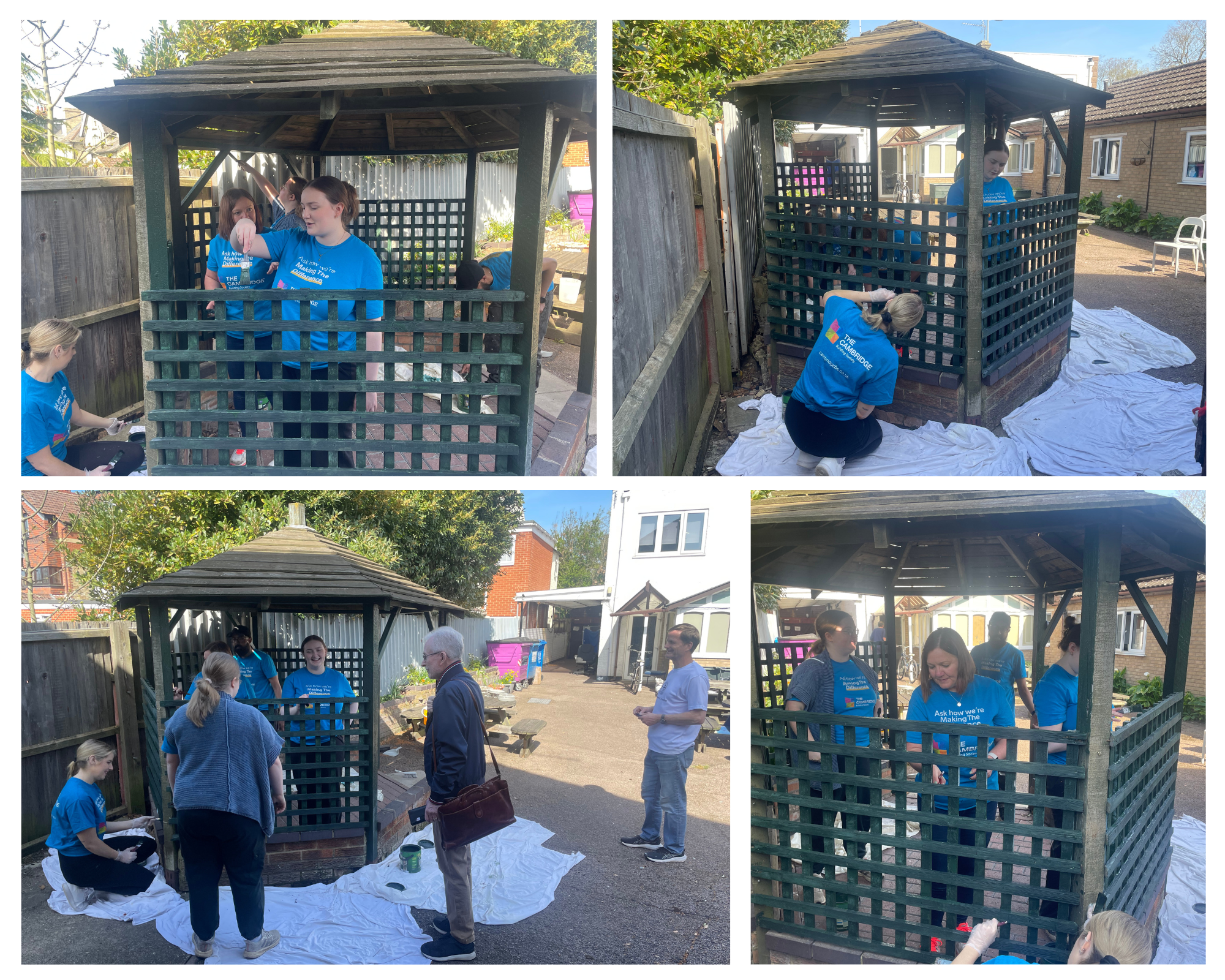 Four photo montage of CBS volunteers painting the pergola in Crossways courtyard