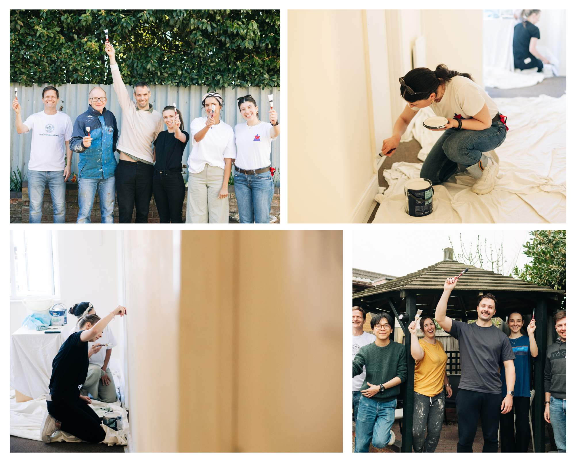 Four photo montage of Cogentia volunteers painting corridors and rooms in Crossways annex