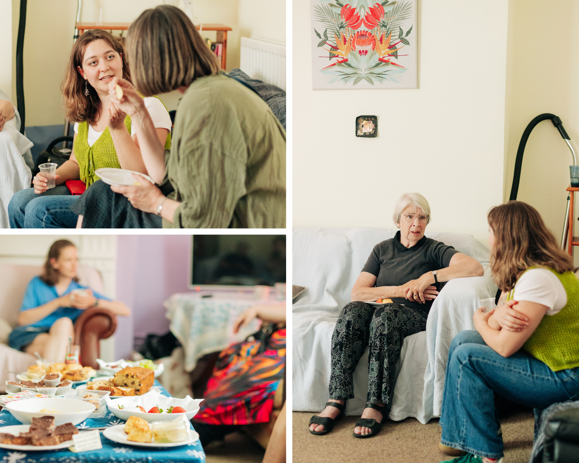 A three photo montage of women sitting in the lounge at the Haven in conversation over tea and cake